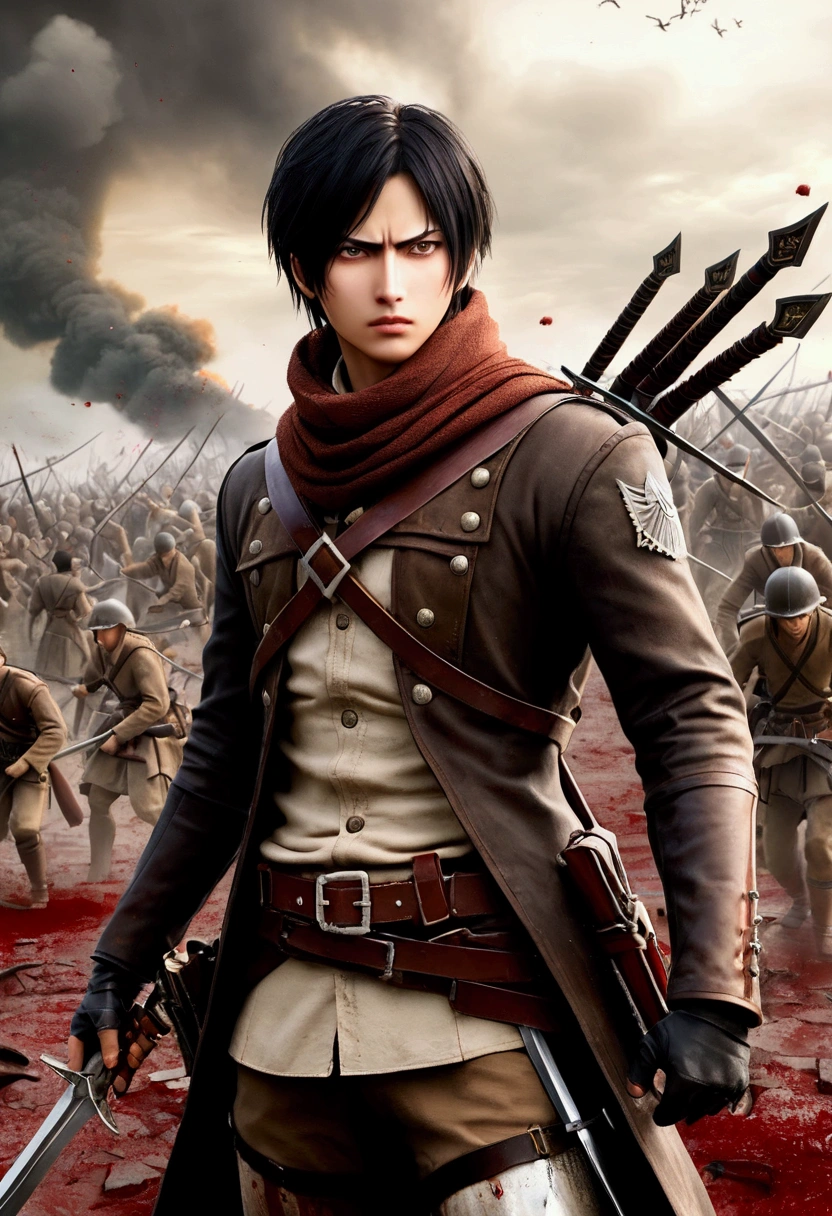best quality，masterpiece，Ultra-high resolution, (Reality:1.4), RAW photos，War，There is blood all around，A battlefield with broken swords stuck in the ground，Style similar to Attack on Titan，Don&#39;t add characters，Realistic style，Don&#39;t animate the wind
