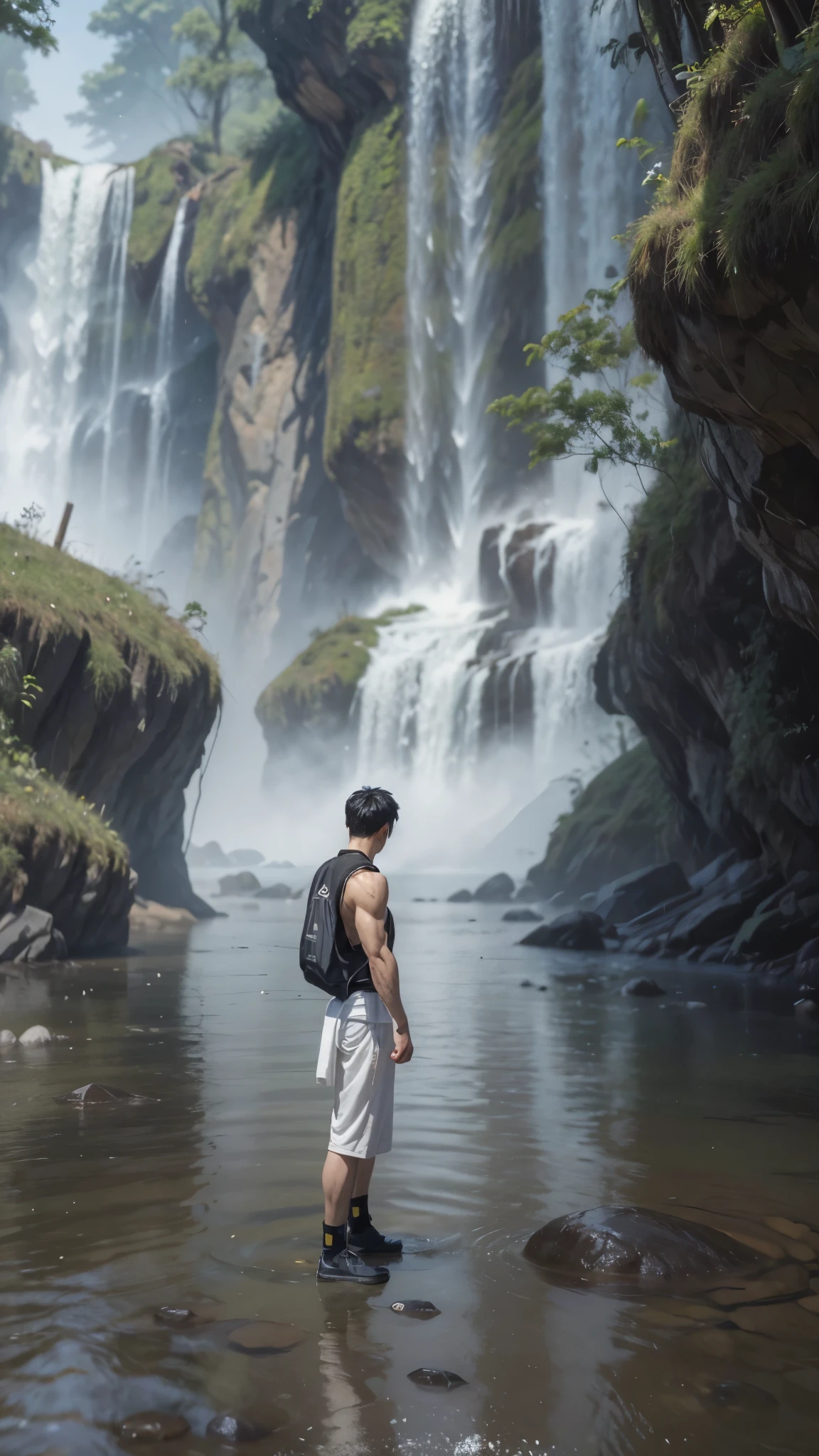 high resolution, ultra realistic and artistic, Contemplative, akira style, person in more modern and elegant attire, most muscular man, bright coloured, black jersey, man and nature, stronger colors,