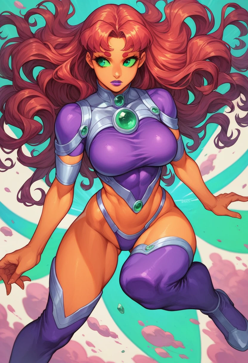 1 woman, in her late 20s, red wavy hair and green eyes, long fiery hair WITHOUT bangs, exposed forehead, fire in her hair, Starfire DC comics, mature woman, glowing green eyes, thick lips, purple lipstick, toned figure, big breasts, dark complexion, wearing purple and silver slick bodysuit with thong bottom, green gem on her chest, purple thigh high boots, looking away, flying above planet background, high detailed, high quality, above angle.