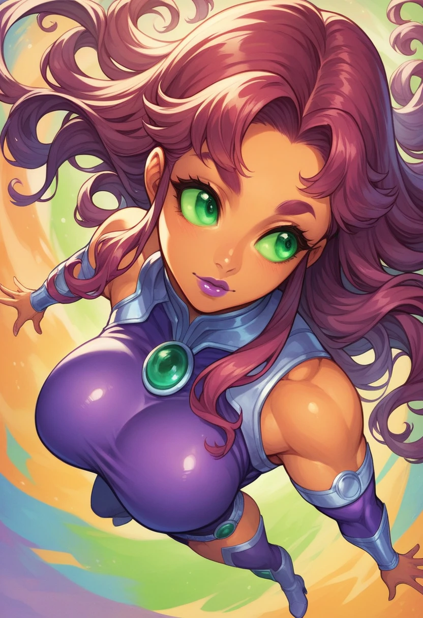 1 woman, in her late 20s, red wavy hair and green eyes, long fiery hair WITHOUT bangs, exposed forehead, fire in her hair, Starfire DC comics, mature woman, glowing green eyes, thick lips, purple lipstick, toned figure, big breasts, dark complexion, wearing purple and silver slick bodysuit with thong bottom, green gem on her chest, purple thigh high boots, looking away, flying above planet background, high detailed, high quality, above angle.