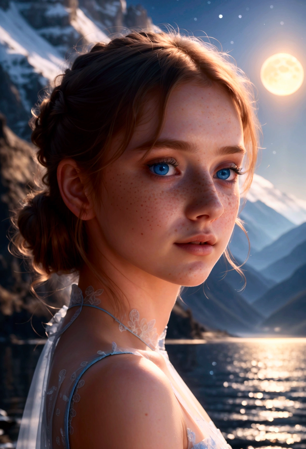 (realistic, masterpiece, best quality), (Delicate and detailed blue eyes, nose, Lips, freckles, One 20-year-old young woman with beautiful features_Take a full body selfie in front of the background), Subtle facial expressions, black night sky with shining stars, A huge moon shining behind the mountains, moon, Blue Moon, A quiet lake reflects the moonlight_Detailed and meticulous details:1.2, sunset, realistic scene, Detail, photorealism, 8K masterpiece, best quality, Sharp resolution,