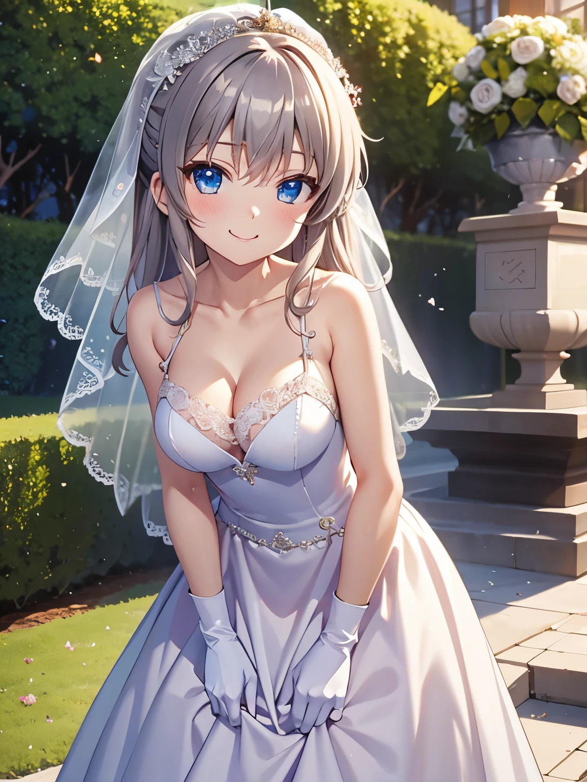 (masterpiece, Highest quality:1.2), nao.Tomori、One girl, alone、{{真っ白なWedding dress:1.5}}、Highly detailed face、smile、Closed Mouth,garden,Private Server, Wedding dress、shawl、Absolute reference to the center、short wedding veil,（transparent short veil：1.5）、（チューブトップWedding dress:1.10），（Silk dress:1.15）,（ストラップレスのWedding dress：1.15）,（Lace gloves：1.3）、4Ｋ，8Ｋ,(Genuine、Genuine志向、写真Genuine志向）、High resolution、超High resolution、超High resolutionの絵画、Cowboy Shot、Leaning forward