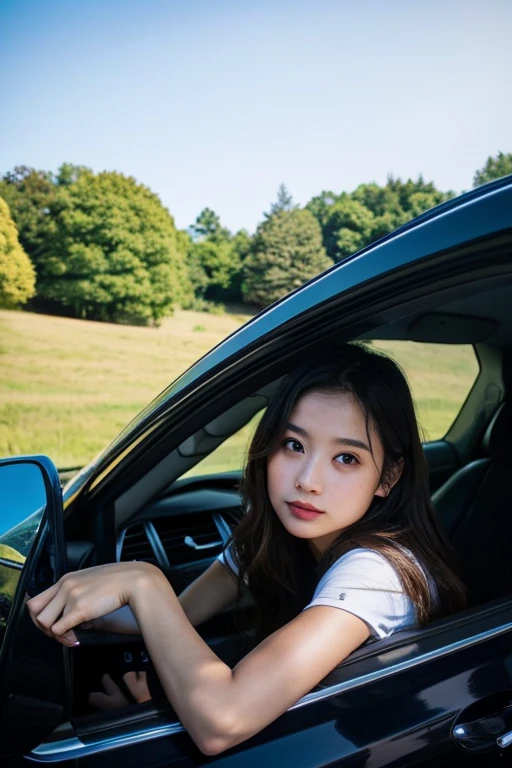 ((Highest quality)), ((masterpiece)), (detailed), A photo of the car from the outside、There is a woman in the car、The car door is open、Taking a photo of a woman from outside a car