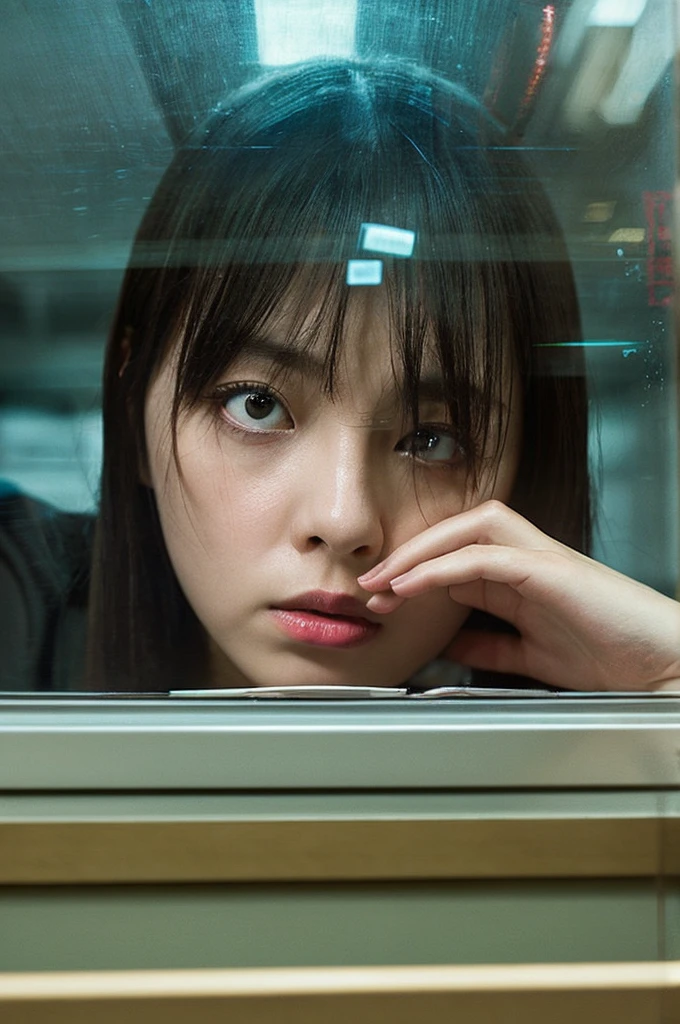 A Japanese girl in her 20s is watching a movie in a dimly lit movie theater, the light from the screen shining on her face, crying as she watches the screen