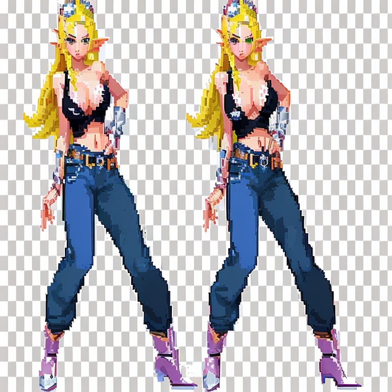 a woman in a black top and jeans with a pink top, full body elf, pixel art object, arte de elves, 2d elf, visual novel sprite, 2d elf, 2 d elves, 32 bit pixel art, video game object, high quality pixel art, elves, Android 18, Pixel art style, pixel art animation, pixel artwork