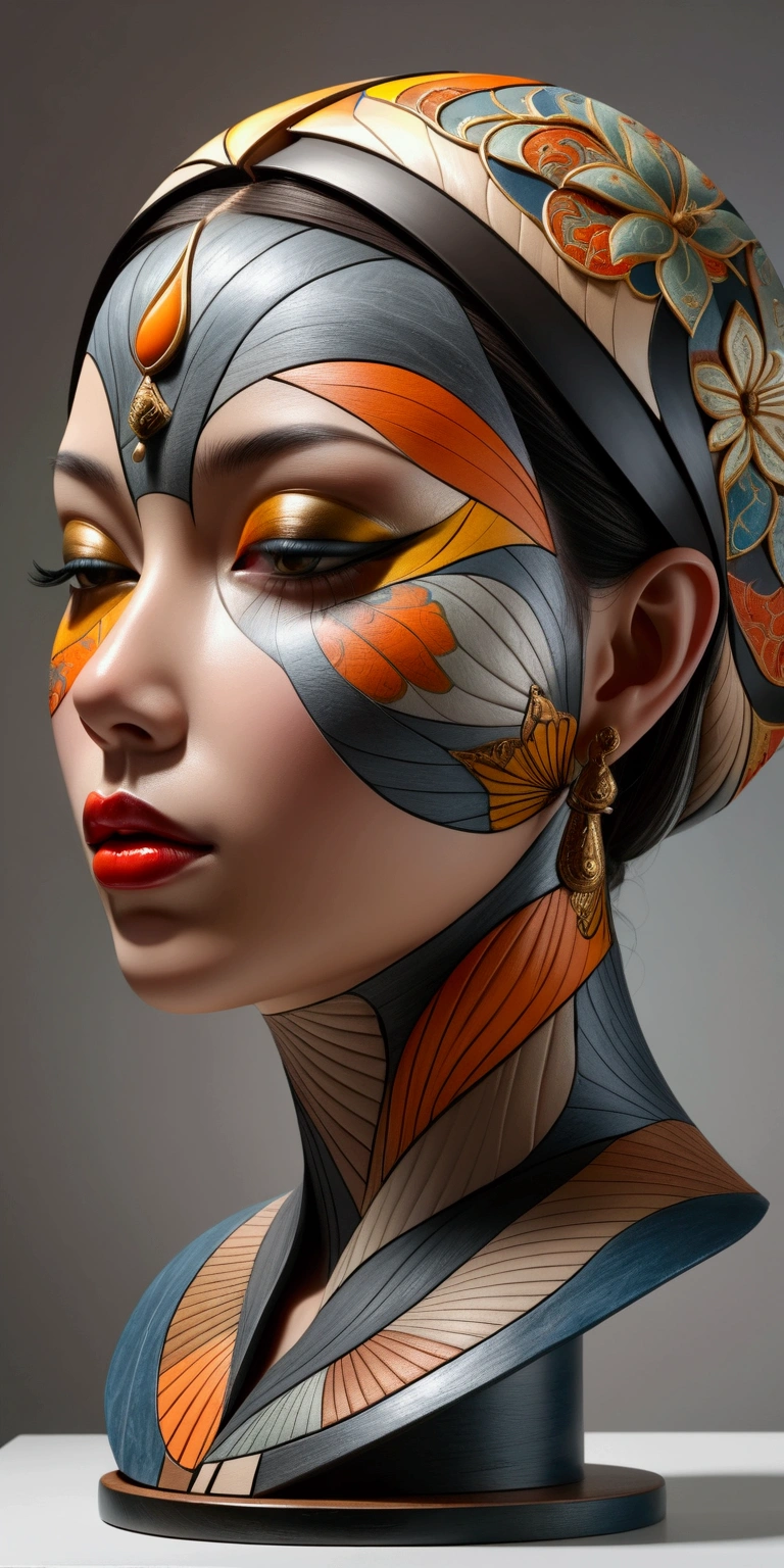 A young woman, abstract sculpture, Thai style, abstract art, surreal, (best quality,4k,8k,highres,masterpiece:1.2),ultra-detailed,(realistic,photorealistic,photo-realistic:1.37),hyperrealistic, detailed face, beautiful detailed eyes, beautiful detailed lips, extremely detailed face and features, graceful pose, elegant, mystical atmosphere, intricate patterns, ethereal lighting, vibrant colors, moody tones