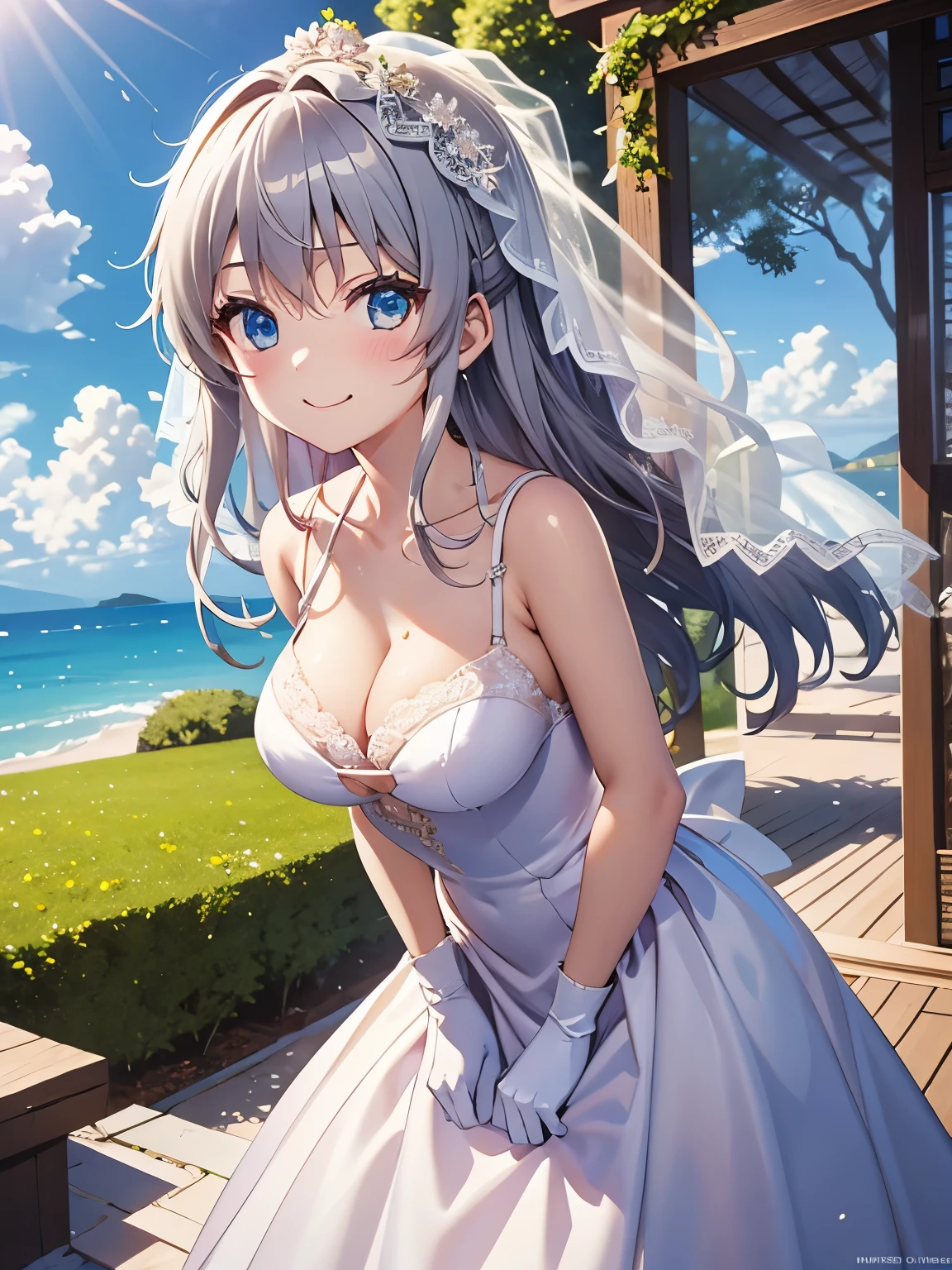 (masterpiece, Highest quality:1.2), nao.Tomori、One girl, alone、Silver Hair、{{真っ白なWedding dress:1.5}}、（transparent short veil：1.5）、Highly detailed face、smile、Closed Mouth,garden,Private Server, Wedding dress、shawl、Absolute reference to the center、short wedding veil,（チューブトップWedding dress:1.10），（Silk dress:1.15）,（ストラップレスのWedding dress：1.15）,（Lace gloves：1.3）、4Ｋ，8Ｋ,(Genuine、Genuine志向、写真Genuine志向）、High resolution、超High resolution、超High resolutionの絵画、Cowboy Shot、Leaning forward