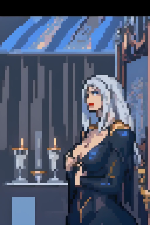 carmilla, medium breasts, black dress. by white, beautiful face, blue eyes, (masterpiece1.2), Best Quality, absurdities, High resolution, extremely detailed wallpaper, perfect lighting, from below, blue eyes, castillo, view of the castle, outdoors, de evening, evening, at night