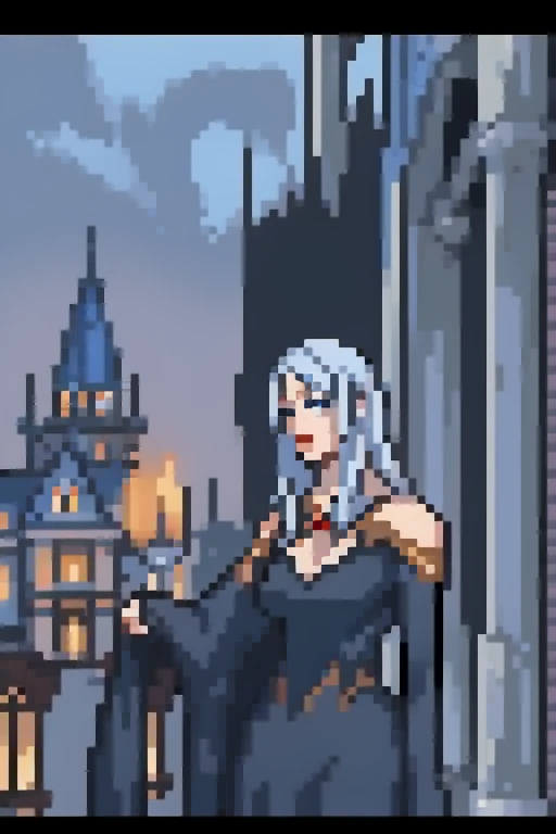 carmilla, medium breasts, black dress. by white, beautiful face, blue eyes, (masterpiece1.2), Best Quality, absurdities, High resolution, extremely detailed wallpaper, perfect lighting, from below, blue eyes, castillo, view of the castle, outdoors, de evening, evening, at night