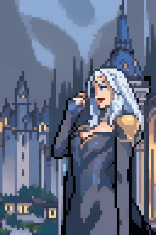 carmilla, medium breasts, black dress. by white, beautiful face, blue eyes, (masterpiece1.2), Best Quality, absurdities, High resolution, extremely detailed wallpaper, perfect lighting, from below, blue eyes, castillo, view of the castle, outdoors, de evening, evening, at night