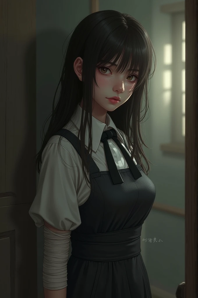 ((masterpiece, Best Quality)), (1 girl), (lonely), (women'approach), evening (chainsaw man),(Very rich facial details., real images, realistic white skin, realistic body, intricate details), Upper part of the body, Serious , Brown eyes, Looking at the audience, bandage over the body, black fur, long-sleeve shirt, Apron dress, black tie, bandage, bandage, small breasts, (((take it from behind)))