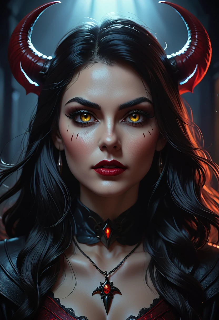 Create a hyperrealistic digital painting of Andariel from the Diablo video game, featuring a highly realistic and ultradetailed 3D style. The artwork should be stunning, with a demonic appearance, and incorporate elements of hyper-realism, surrealism, and noir. Portraits should have natural colors, with HDRI and studio lighting, deep focus at f/22, and resemble a cinematic film still. It should be shot as if on a Sony a7R V, with film grain, color grading, post-processing, and cinematic lighting akin to 35mm film. Ensure the highest quality by applying chiaroscuro techniques, and render the image in 8k resolution.