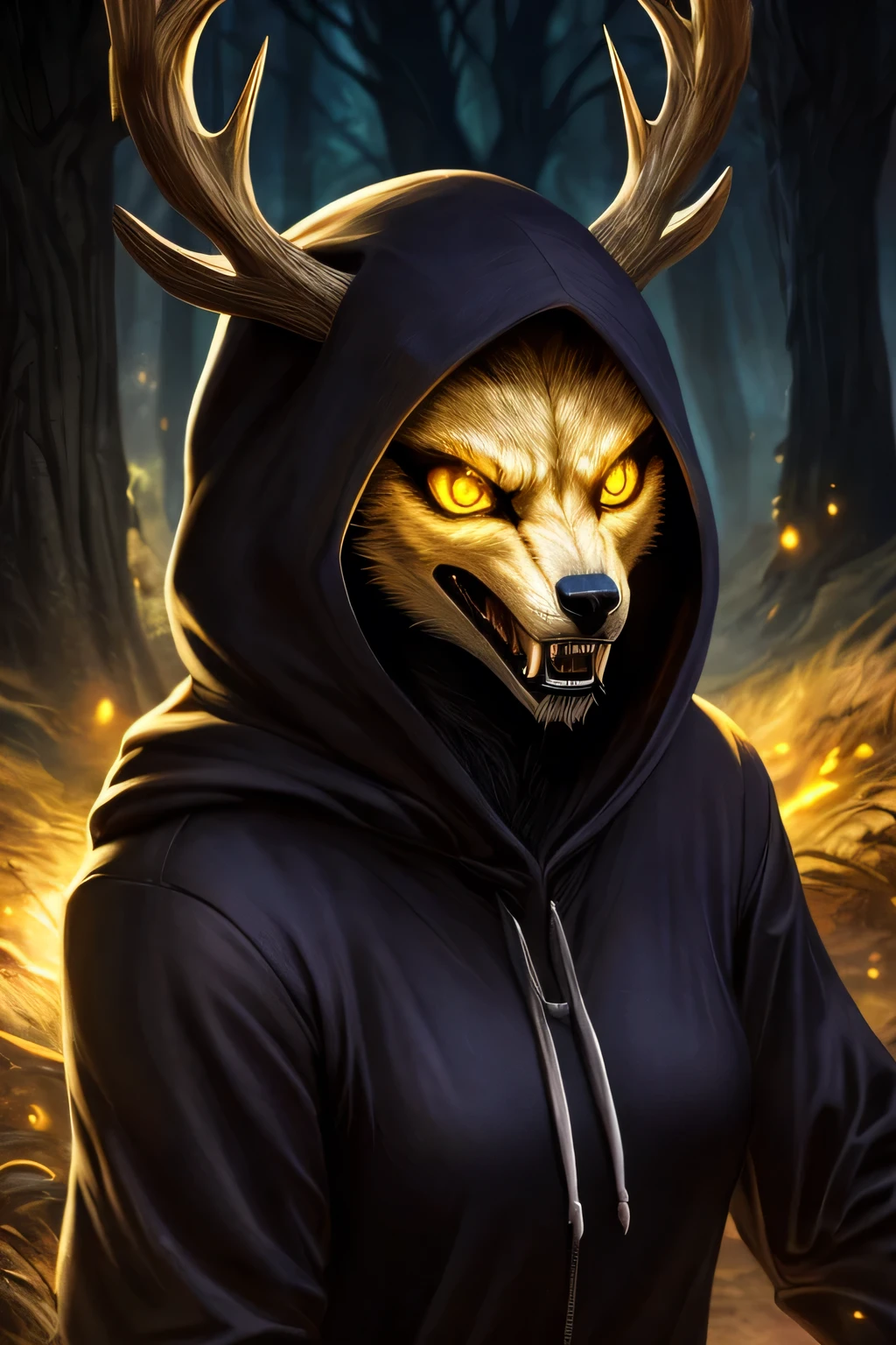 (ultra detailed), a breathtaking and intricately rendered full-size portrait of a formidable female werewolf, adorned with majestic antlers and donning a hoodie, (closely capturing her raw emotion), snarling with ferocity, (highlighting the naturalism of the ???????), large eyes glowing ominously, ((capturing the essence of her primal power)), hooded figure, mid-shot, ((detailed eyes, piercing yellow eyes, glowing eyes:1.1)), forest setting, (particularly focused on the textures and shadows of the environment), moonlight filtering in, ((dark shadows, wide dynamic range,