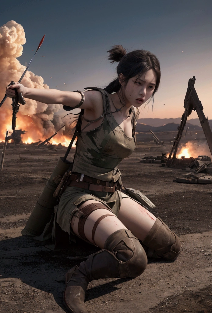 best quality,masterpiece,Ultra-high resolution, (Reality:1.4), RAW photos,War,There is blood all around,A battlefield with broken swords stuck in the ground,Style similar to Attack on Titan,Don't add characters,Realistic style,Don't animate the wind