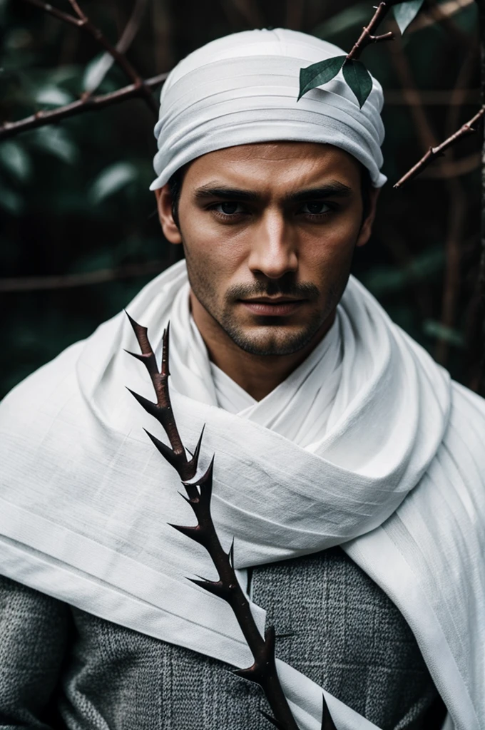 A man with his eyes covered with a white bandage, a crown of black thorns