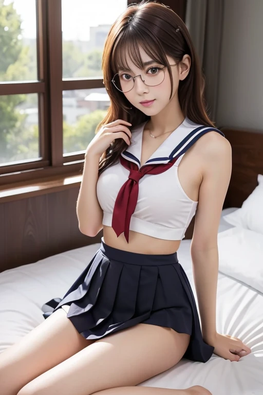 High quality masterpiece full HD 20k sensual perfect body、No anatomical errors、Beautiful and perfect face、Slim body、Small round breasts、Small Ass, Cute Latina Virgin Girl ( Will lose her virginity) 18-year-old, Short Red Hair, Messy hair and bright eyes, Glasses, She is wearing a sailor uniform with a red sleeved tie, Show off your belly button and beautiful waist, Short red pleated skirt inside, She is wearing black underwear with her legs apart, Bent on the floor in my bed at home、On the hip with one hand、While the other hand is tying her hair on top of her head、She was biting her lip and blushing with an innocent look on her face.、I hope viewers will take off their skirts and shorten them.  (A view focused on her provocative skirt) Front view  