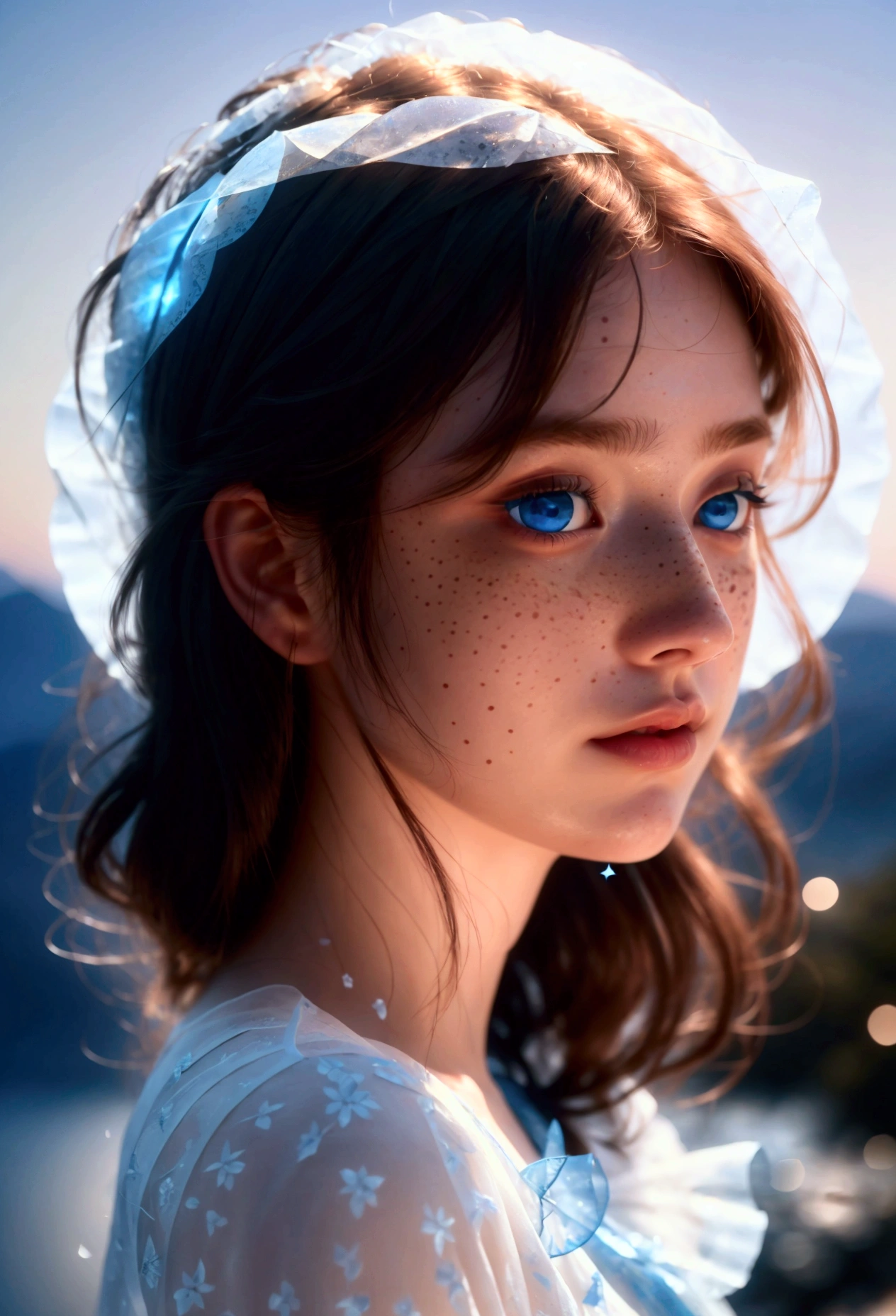 (realistic, masterpiece, best quality), (Delicate and detailed blue eyes, nose, Lips, freckles, One 20-year-old young woman with beautiful features_Take a full body selfie in front of the background), Subtle facial expressions, black night sky with shining stars, A huge moon shining behind the mountains, moon, Blue Moon, A quiet lake reflects the moonlight_Detailed and meticulous details:1.2, sunset, realistic scene, Detail, photorealism, 8K masterpiece, best quality, Sharp resolution,