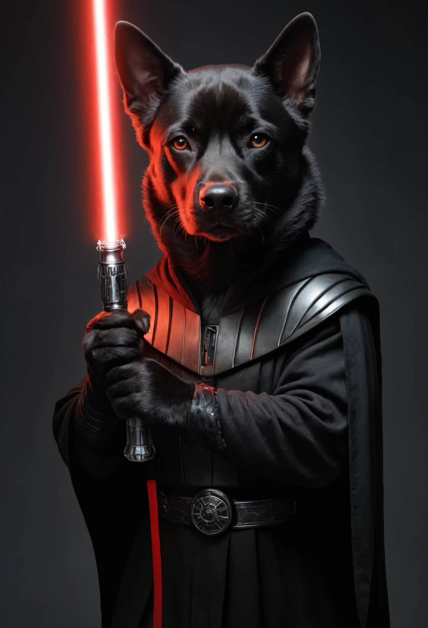 (extremely detailed, realistic, perfect lighting, vibrant colors, intricate details) a dog holding a lightsaber, and wearing dark lord of the Sith, facing at the viewer