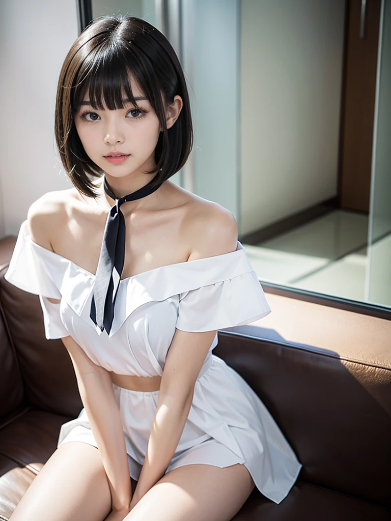 neat girl is beautiful japanese female and beautiful russian female mixed race only in the face age is 16 features of the whole body black hair medium straight bob cut hair style beautiful small face with short eyelashes boyish eyes only high nose dark blue pupils very thin upper lip milky white skin accurate attractive body shape beautiful bust waist hip s thighs knees legs choker and tie on neck