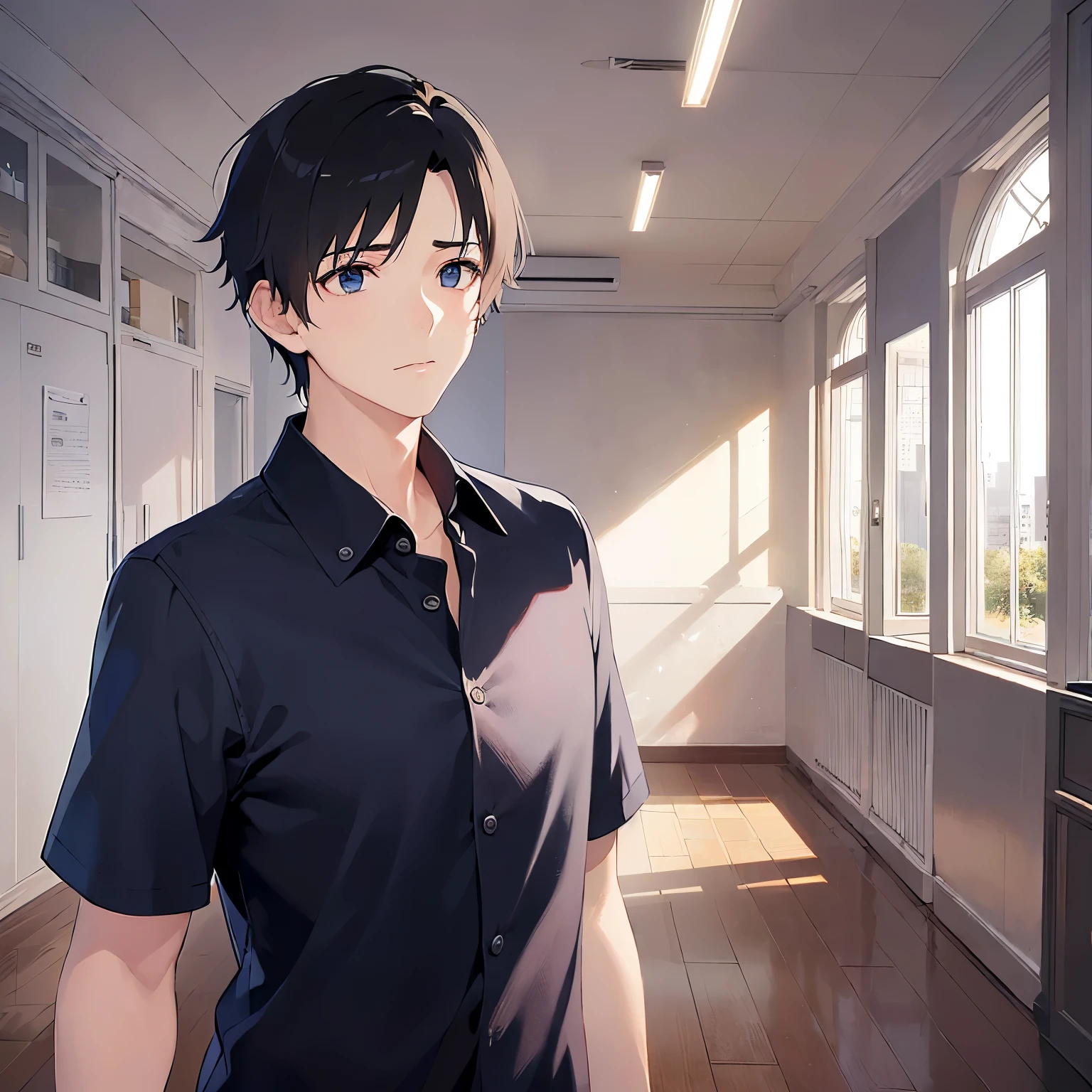 (looking away:1.5),upper body、Side shot、 shiny skin, masterpiece、Highest quality、 (25-year-old male:1.5) and (Black short hair) and (blue eyes), (navy collared shirt),expressionless,Are standing、The background is the classroom、(alone:1.5)