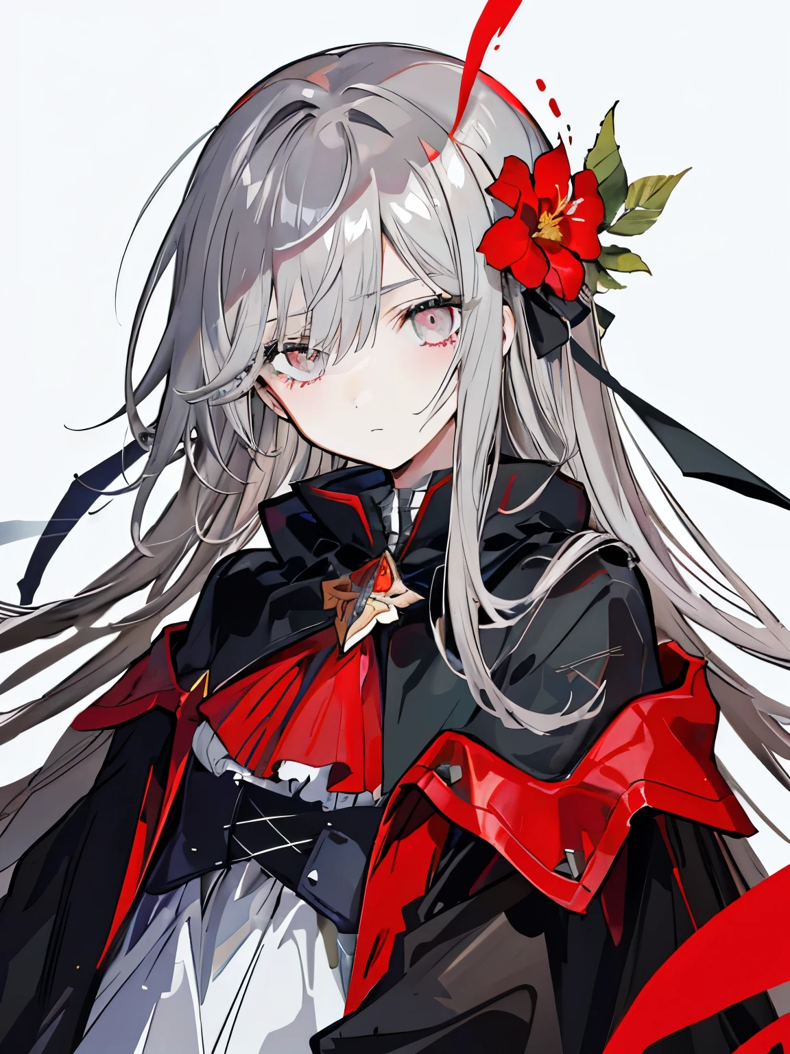 One girl,alone,One girl,alone,((Beautiful attention to detail)), (Detailed light),Depth of written boundary,(Gray Hair),Silver Eyes,Hair on one eye,(Red flower ), Hair Flower,Long Hair,Black Cape,Wet,Emotionless,Recall,night,Starfall,Red flower,sketch,Upper Body,Strong Shadows,Blood splatter、Military-style clothing