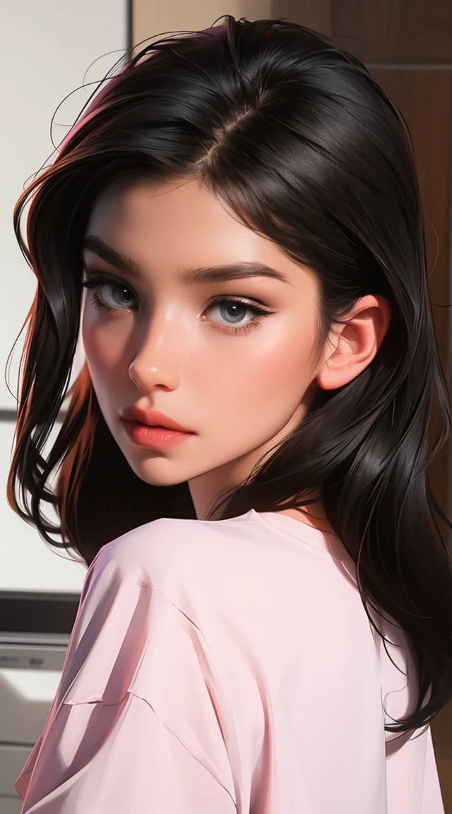 girl, long black hair, brown eyes, Sharp features, white skin, pink lips, purple t-shirt.