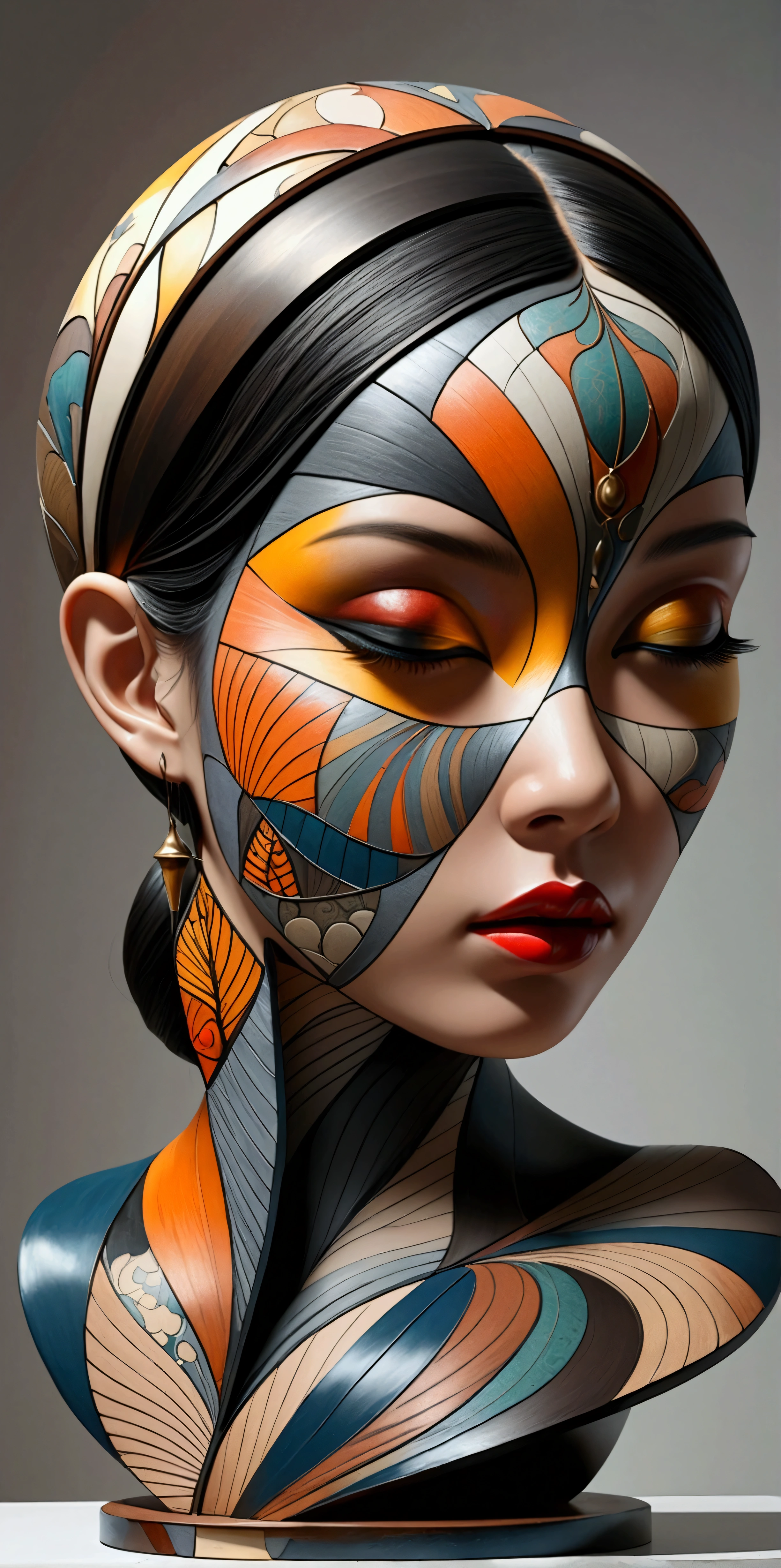 A young woman, abstract sculpture, Thai style, abstract art, surreal, (best quality,4k,8k,highres,masterpiece:1.2),ultra-detailed,(realistic,photorealistic,photo-realistic:1.37),hyperrealistic, detailed face, beautiful detailed eyes, beautiful detailed lips, extremely detailed face and features, graceful pose, elegant, mystical atmosphere, intricate patterns, ethereal lighting, vibrant colors, moody tones