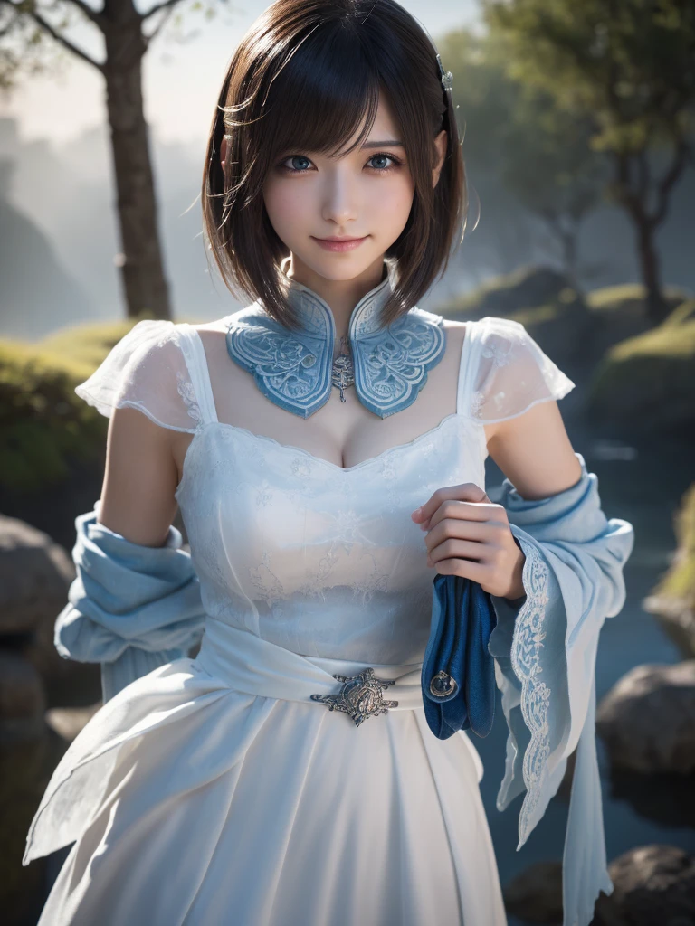 フェイスクローズアップ,beautiful detailed eyes, droppy eyes,beautiful detailed lips, extremely detailed eyes and face, long eyelashes, 1japanese girl, fantasy character, (Final Fantasy, yuuna),smile,short hair,elegant white dress,break, blue long skirt,break,magical girl, highly detailed, fantasy landscape, dramatic lighting, glowing effects, mist, intricate details, volumetric lighting, cinematic composition, hyper realistic, 8k, best quality, masterpiece, photorealistic,Highres fix