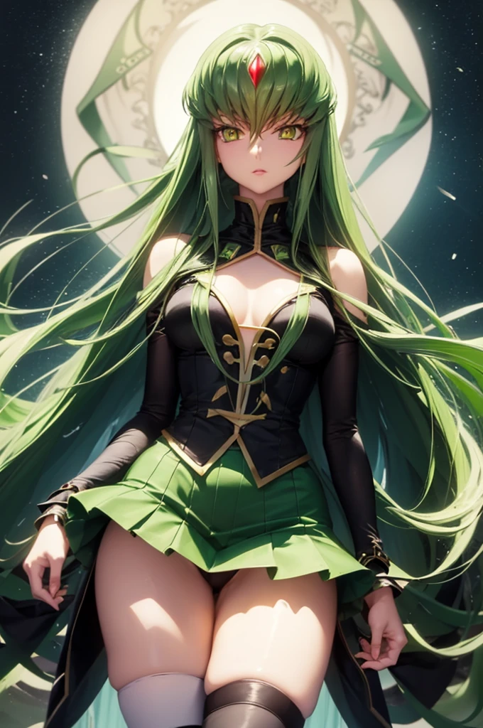 C.C、Code Geass、Green Hair、Long Hair、((Thigh-high socks))、Photo from below、Medium chest、full moon、((Black Knights Clothing))、mini skirt、Have a skirt