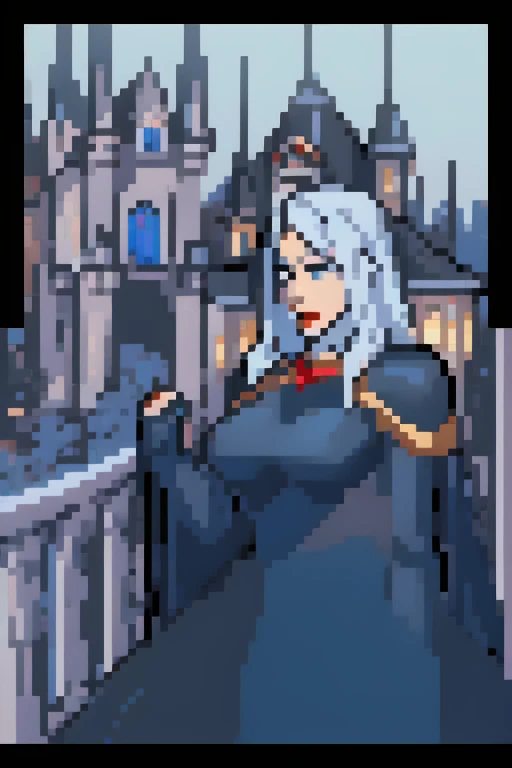 carmilla, medium breasts, black dress. by white, beautiful face, blue eyes, (masterpiece1.2), Best Quality, absurdities, High resolution, extremely detailed wallpaper, perfect lighting, from below, blue eyes, castillo, view of the castle, outdoors, de evening, evening, at night