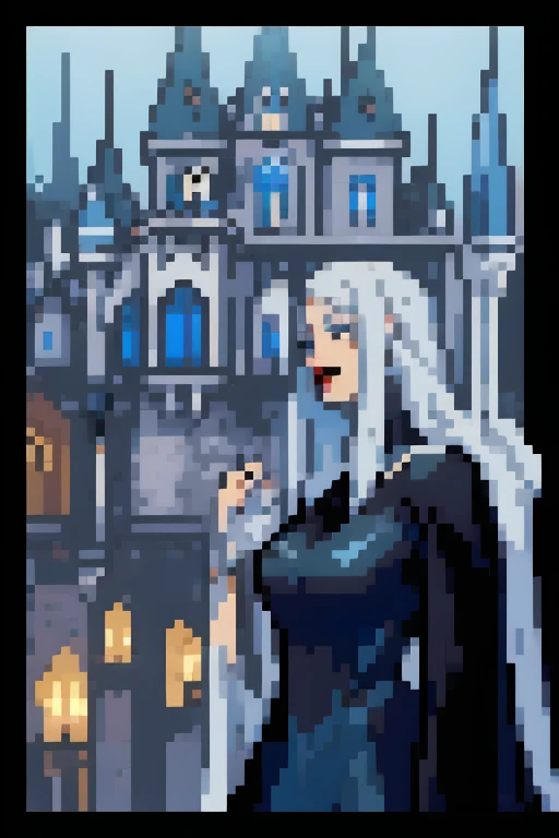 carmilla, medium breasts, black dress. by white, beautiful face, blue eyes, (masterpiece1.2), Best Quality, absurdities, High resolution, extremely detailed wallpaper, perfect lighting, from below, blue eyes, castillo, view of the castle, outdoors, de evening, evening, at night