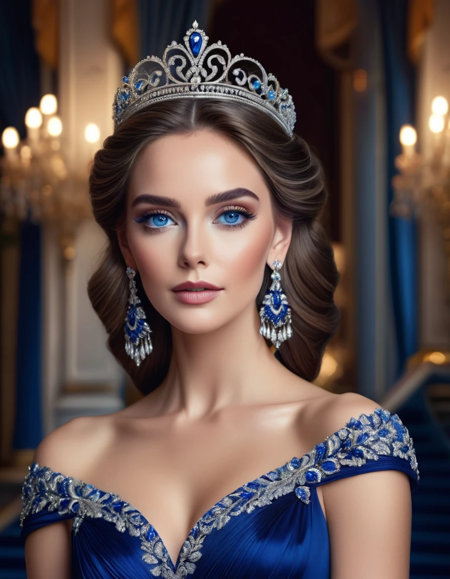 A gorgeous woman in a luxurious blue gown, accessorized with a dazzling tiara and statement earrings, her deep blue eyes highlighted by impeccable makeup, poised in a royal setting, photorealistic, 8K quality
