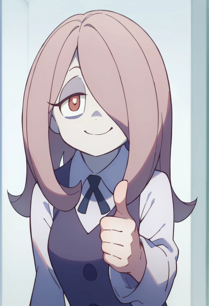 smiling, thumbs up to viewer, friendly, helpful, cheerful expression,  Sucy Manbavaran, solo 