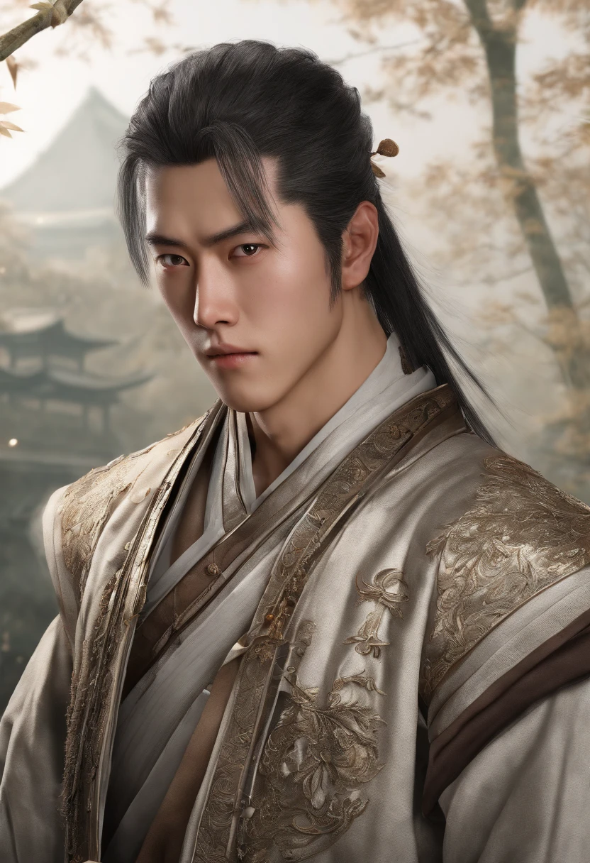 best quality,masterpiece,Ultra-high resolution,(photoactual:1:0),Fall,Handsome and unrestrained Chinese boy,Long hair single ponytail,Wearing immortal clothes,在Fall下岸邊,Wudong Tai Chi,