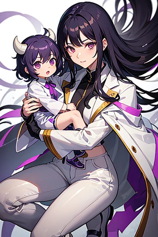 Shinobu Kochō from Demon Slayer, 30-year-old woman with long purple and black hair, doctor's clothing, white coat, green blouse, white pants, white shoes with a gringa holding her in her hand.