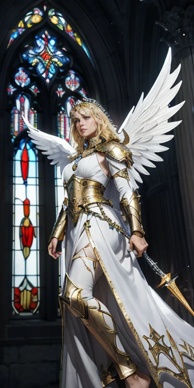 photo realistic, raw photo, low angle, from below, female paladin Templar in white tabard, collar, gold chainmail, wide hips, bare feet, large angel wings, pauldrons, halo, wavy blonde, eye focus, temple indoors, ornaments, stained glass window, night, particles, chromatic aberration, detail, cinematic, fantasy