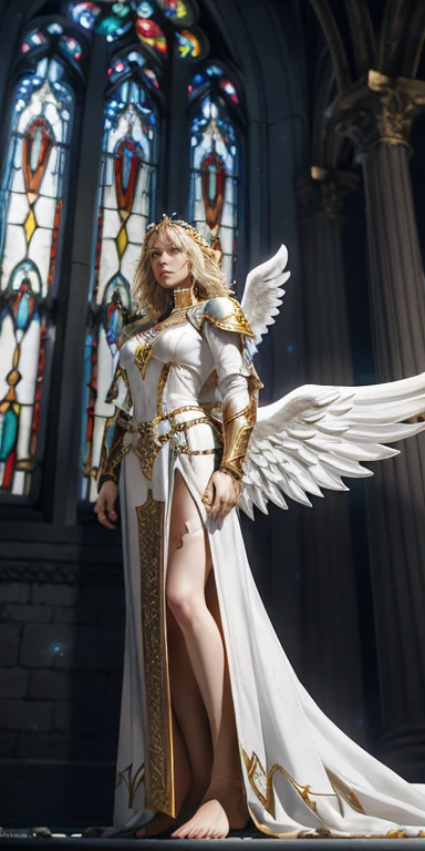 photo realistic, raw photo, low angle, from below, female paladin Templar in white tabard, collar, gold chainmail, wide hips, bare feet, large angel wings, pauldrons, halo, wavy blonde, eye focus, temple indoors, ornaments, stained glass window, night, particles, chromatic aberration, detail, cinematic, fantasy
