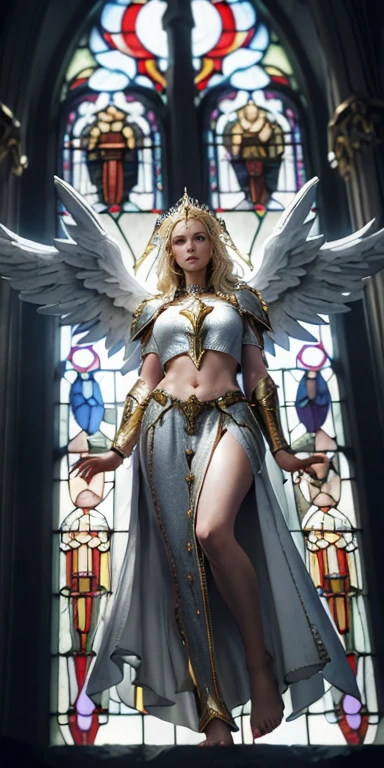 photo realistic, raw photo, low angle, from below, female paladin Templar in white tabard, collar, gold chainmail, wide hips, bare feet, large angel wings, pauldrons, halo, wavy blonde, eye focus, temple indoors, ornaments, stained glass window, night, particles, chromatic aberration, detail, cinematic, fantasy