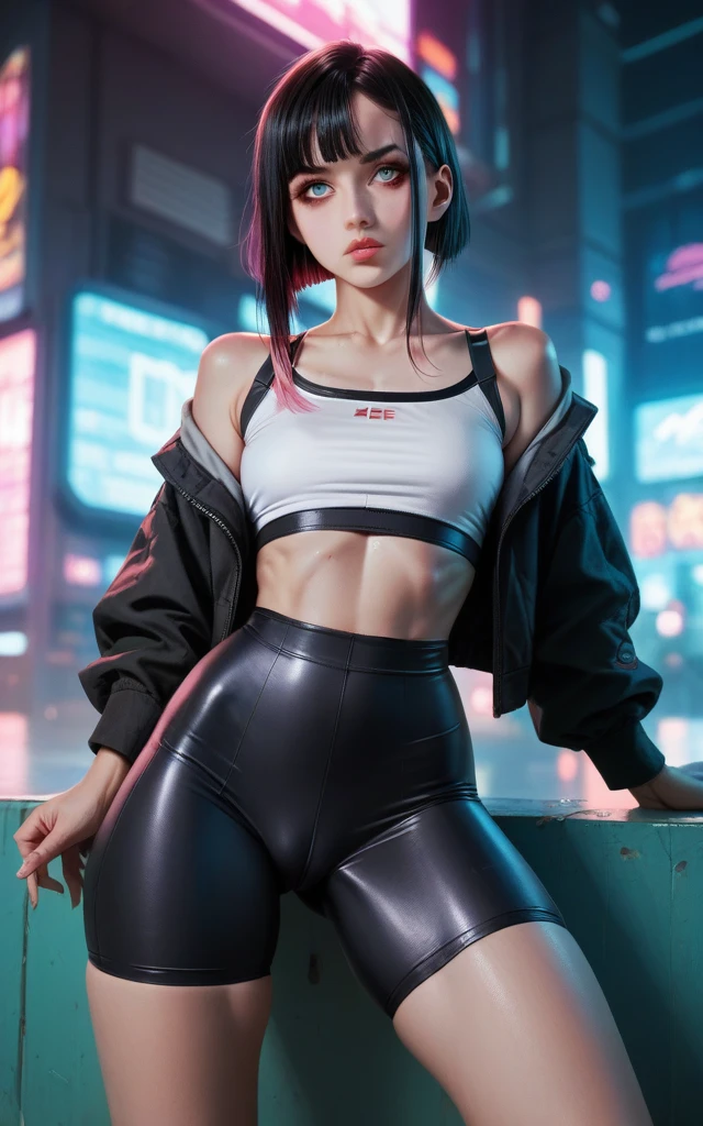 Lucy \(cyberpunk\), masterpiece, High detail, 8k, 1girl, multicolored eyes, black hair, pink lips, parted bangs, bike shorts, cyberpunk \(series\)