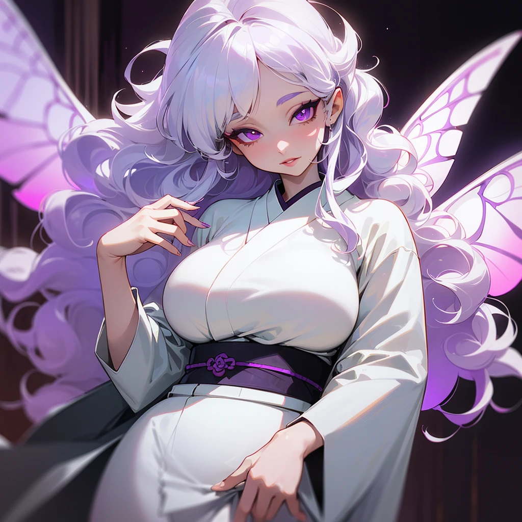 ((ultra quality)), ((masterpiece)), ((devil)), ((yokai)), ((Angelic beauty woman)), ((Purple Moth Wings)), ((huge moth wings)), ((long white curly hair)), ((White hair)), ((White hair)), ((curly hair)), (beautiful face), (beautiful female lips), Enchanting ((Seductive facial expression)), looks at the camera with a slight smile, (White skin color), (White skin), glow on the body, ((detailed eyes)), ((violet eyes)), (juicy female lips), (dark eyeliner), (beautiful female hands), ((thick body)), ideal female body, ((white kimono)), beautiful waist, beautiful big hips, big breasts, thick thighs, ((Subtle and beautiful)) (), ((depth of field)), ((high quality clear image)), (delete details), ((High detail)), ((clear focus))