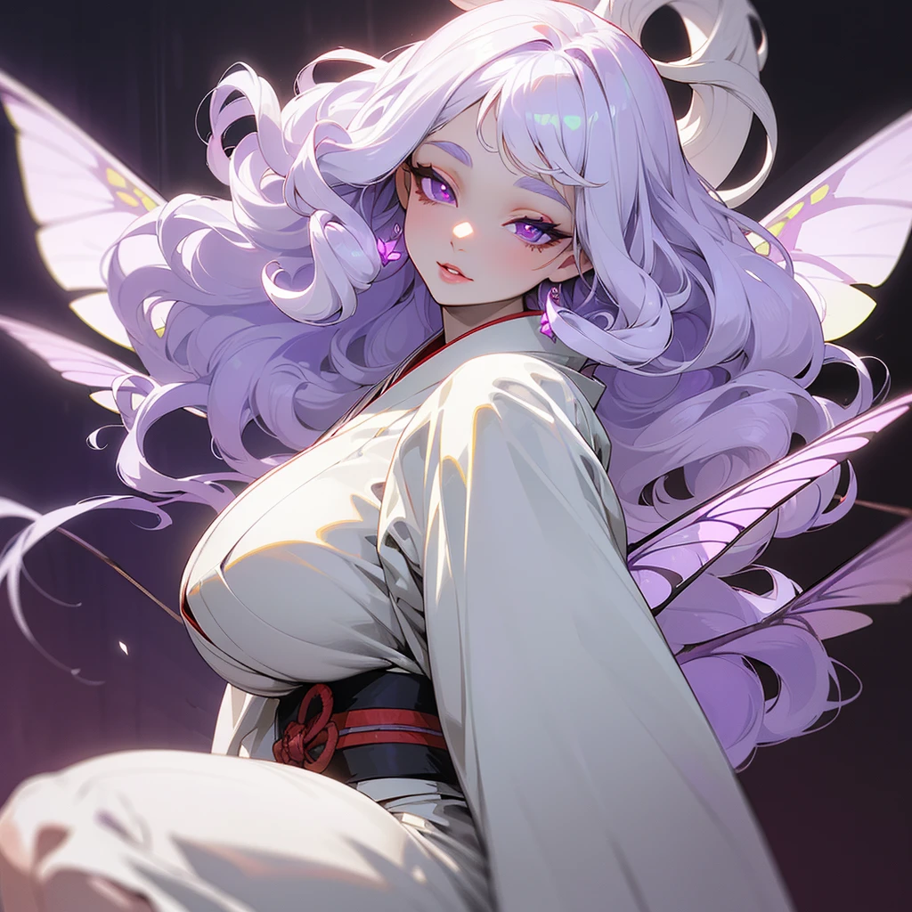 ((ultra quality)), ((masterpiece)), ((devil)), ((yokai)), ((Angelic beauty woman)), ((Purple Moth Wings)), ((huge moth wings)), ((long white curly hair)), ((White hair)), ((White hair)), ((curly hair)), (beautiful face), (beautiful female lips), Enchanting ((Seductive facial expression)), looks at the camera with a slight smile, (White skin color), (White skin), glow on the body, ((detailed eyes)), ((violet eyes)), (juicy female lips), (dark eyeliner), (beautiful female hands), ((thick body)), ideal female body, ((white kimono)), beautiful waist, beautiful big hips, big breasts, thick thighs, ((Subtle and beautiful)) (), ((depth of field)), ((high quality clear image)), (delete details), ((High detail)), ((clear focus))