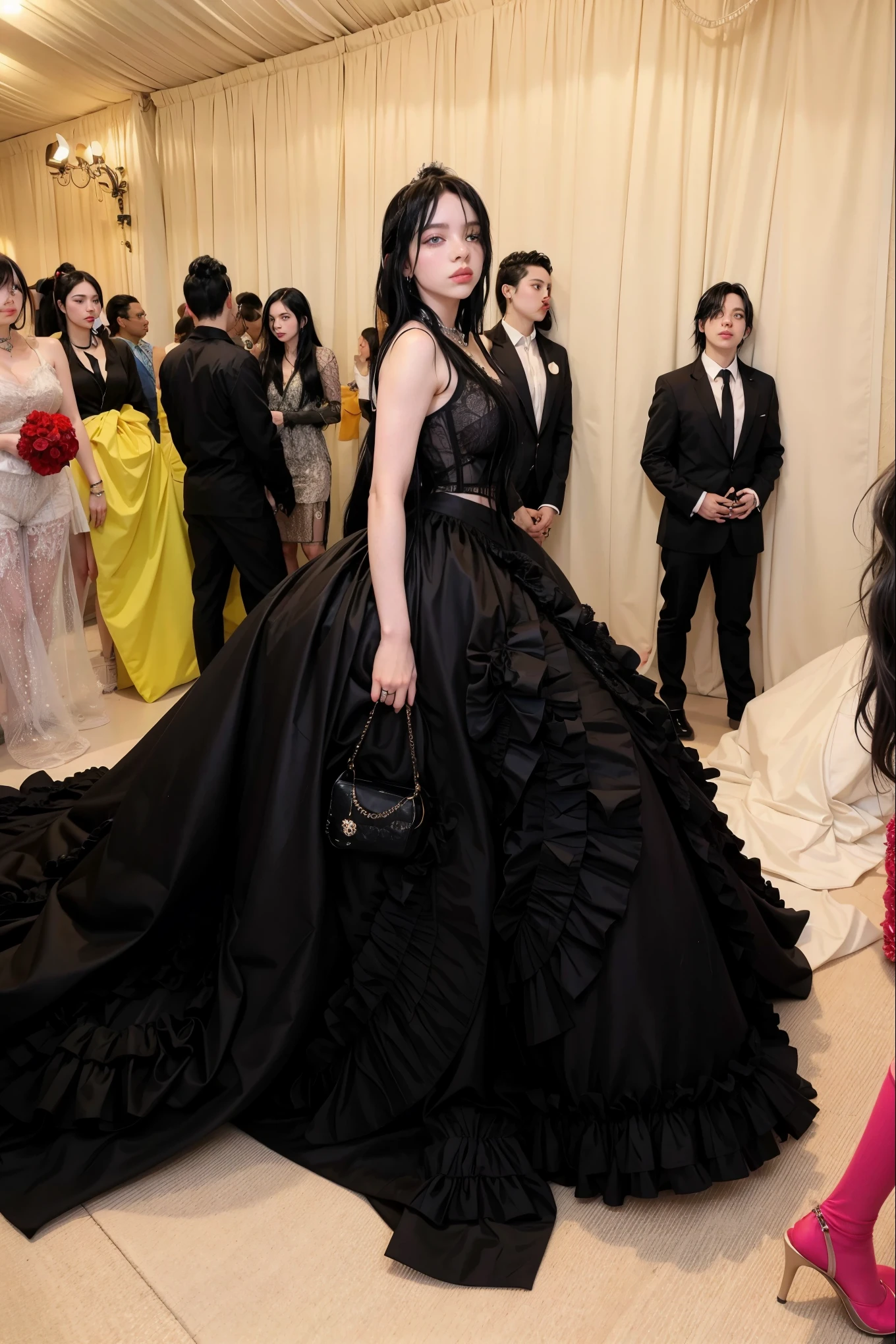 blonde woman with long hair and piercings posing for a photo, with black long hair, with long black hair, perfect white haired girl, ava max, tifa lockhart with black hair, pale porcelain white skin, anime girl in real life, with black hair, extremely black hair, very black hair, with long black hair, her hair is black