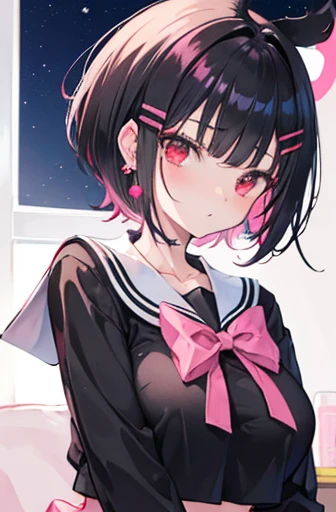 Anime, girl, teenage, hime-cut, short hair, black hair, red eyes, cool, earrings, night, highlights pink under hair, big boob, sexy-cute, full-bodied, school uniform, licking the lollipop, hair clips,