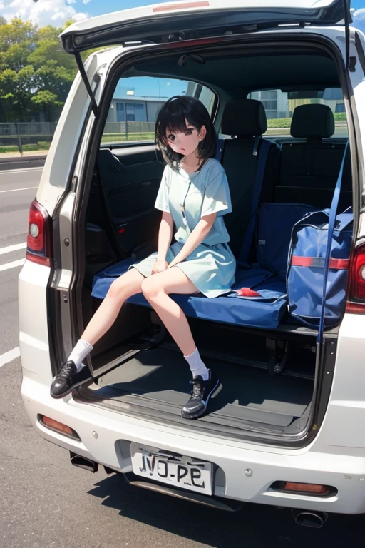 ((Highest quality)), ((masterpiece)), (detailed), A photo of the car from the outside、A woman is sitting in the car、The car door is open、Take photos from a distance、