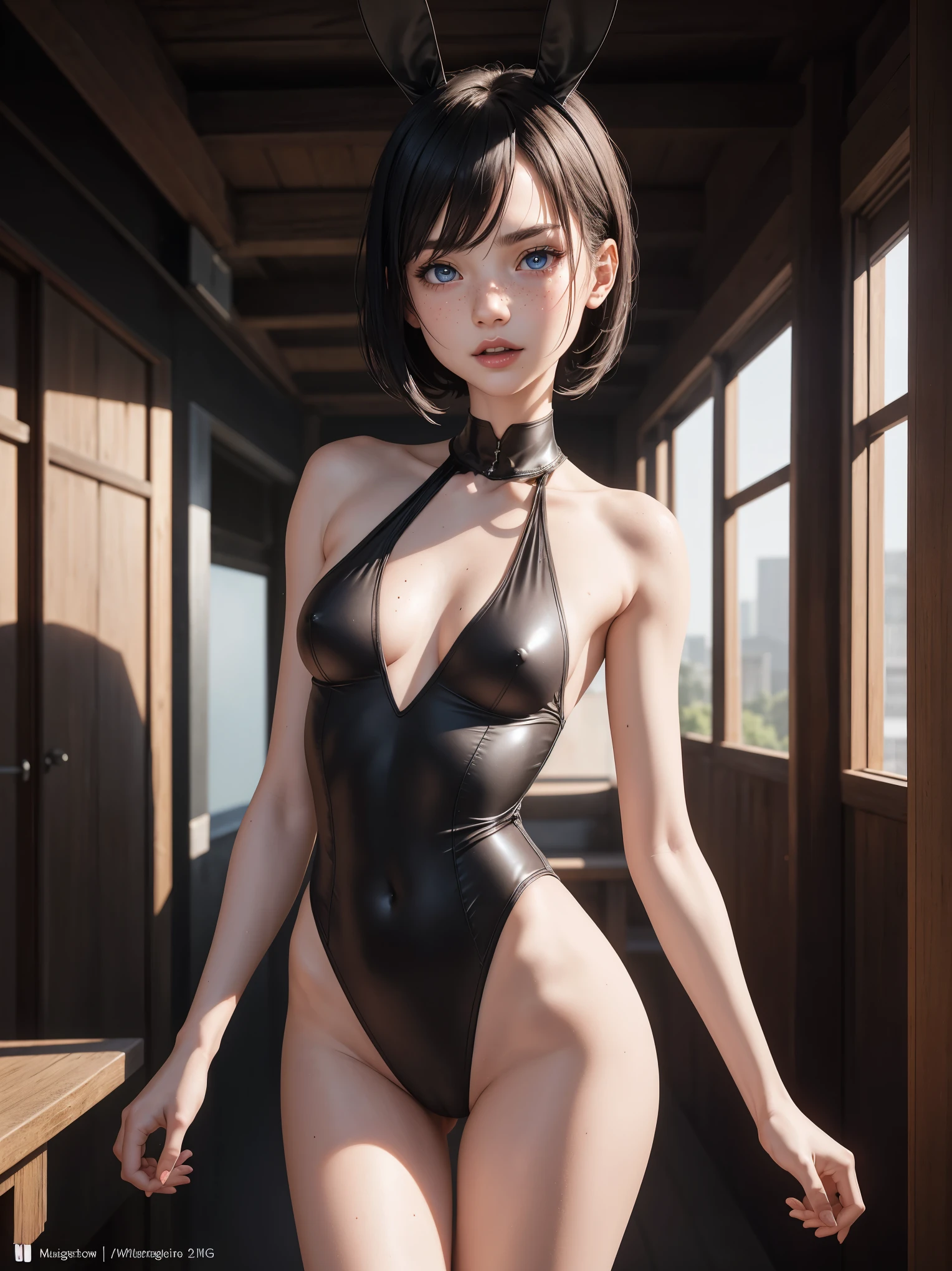 (whole body:1.5),octane rendering, 8K, best quality, masterpiece, illustration, extremely delicate and beautiful, detailed,extremely detailed,CG,Unite,wallpaper,Astonishing, fine details, realistic art: 1.2 ,masterpiece, best quality, official art, extremely detailed CG Unite 8K wallpaper,1 girl, , standing, in a fancy club, vaulted roof,,wearing black one piece leotard and stockings and bunny ears, at night,   skinny body, seductive facial expression,, wide open eyes, ice blue eyes, short black hair,  red lipstick, blushing,pretty symetrical face, shiny wet skin, oiled skin, white skin, lots of freckles, pale complexion, thin waist, narrow hips, long legs, skinny body, small breasts, , Realistic photos, (hiqcgbody) ,perfect female figure,