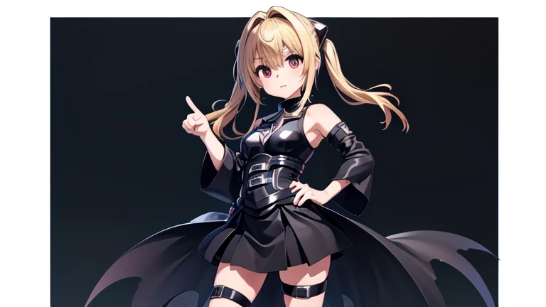 masterpiece, Best Quality, High resolution), 1 girl, aayami, by the wide, two sides up, hair ornament, bare shoulders, black dress, clothing trimming, separate sleeves, belt, thigh strap,Whole body,Legs together,a left hand holding a gun,pointing at the viewer with the weapon, right hand sticking out the middle finger,Flushed face,standing,20 years older,White background,legs in sight,feet in sight,head on