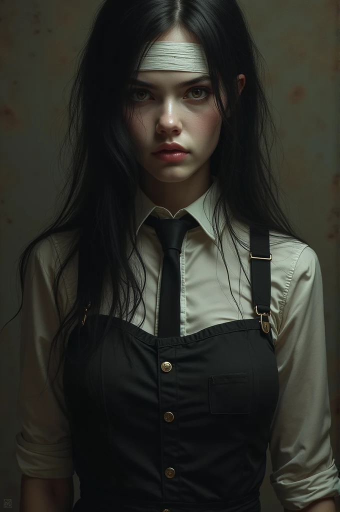 ((masterpiece, Best Quality)), (1 girl), (lonely), (women'approach), evening (chainsaw man),(Very rich facial details., real images, realistic white skin, realistic body, intricate details), ((Whole body)), Serious , Brown eyes, Looking at the audience, bandage over the body, black fur, long-sleeve shirt, Apron dress, black tie, bandage, bandage, small breasts