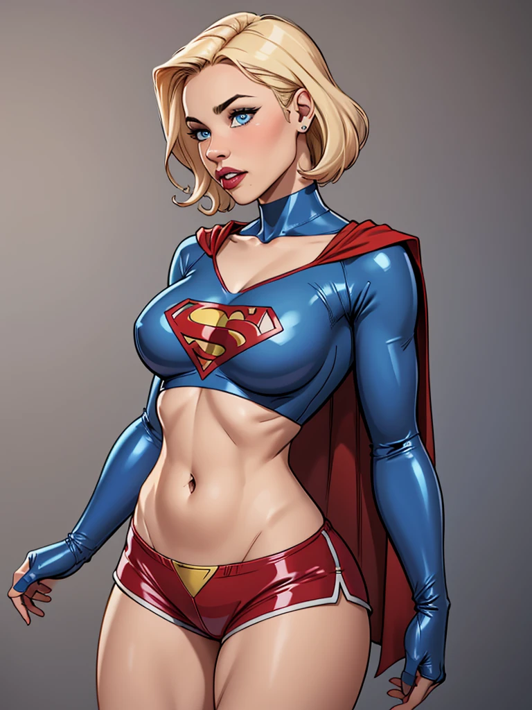 Blonde girl with short hair, blue eyes, wearing a blue hero costume, wearing a shirt with latex sleeves, Shirt with neckline on the chest,belly showing, wearing blue latex shorts and wearing a red cape