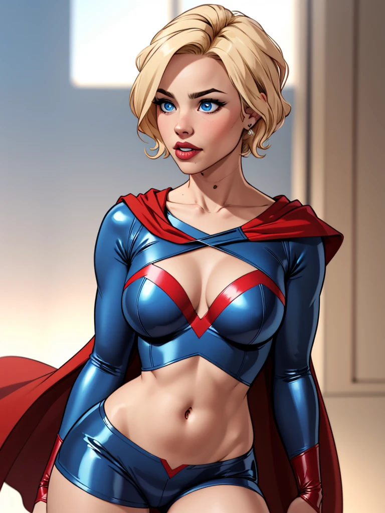 Blonde girl with short hair, blue eyes, wearing a blue hero costume, wearing a shirt with latex sleeves, Shirt with neckline on the chest,belly showing, wearing blue latex shorts and wearing a red cape 