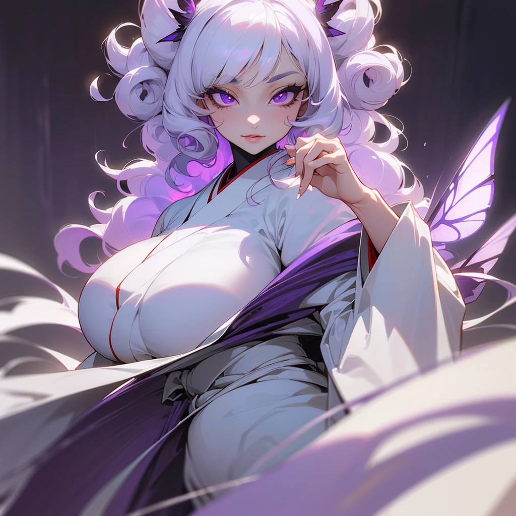 ((ultra quality)), ((masterpiece)), ((devil)), ((yokai)), ((Angelic beauty woman)), ((Purple Moth Wings)), ((huge moth wings)), ((long white curly hair)), ((White hair)), ((White hair)), ((curly hair)), (beautiful face), (beautiful female lips), Enchanting ((Seductive facial expression)), looks at the camera with a slight smile, (White skin color), (White skin), glow on the body, ((detailed eyes)), ((violet eyes)), (juicy female lips), (dark eyeliner), (beautiful female hands), ((thick body)), ideal female body, ((white kimono)), beautiful waist, beautiful big hips, big breasts, thick thighs, ((Subtle and beautiful)) (), ((depth of field)), ((high quality clear image)), (delete details), ((High detail)), ((clear focus))